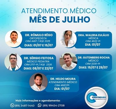 CENTROLAB Informa as datas de atendimento dos médicos no mês de Julho/2022