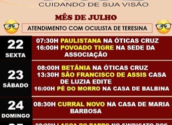 Óticas Cruz informa as datas de atendimento com Oculista de Teresina, neste mês de Julho/2022
