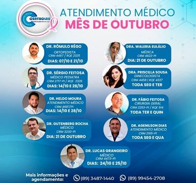 CENTROLAB informa as datas de atendimento dos médicos nesse mês de Outubro/2022