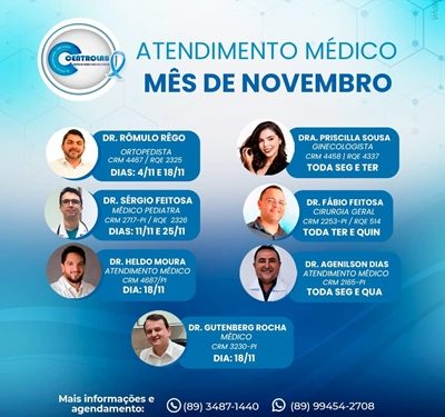 Centrolab informa as datas de atendimento dos médicos no mês de Novembro/2022