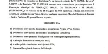 Convenção Municipal da Federação Brasil da Esperança (FÉ BRASIL) em Paulistana