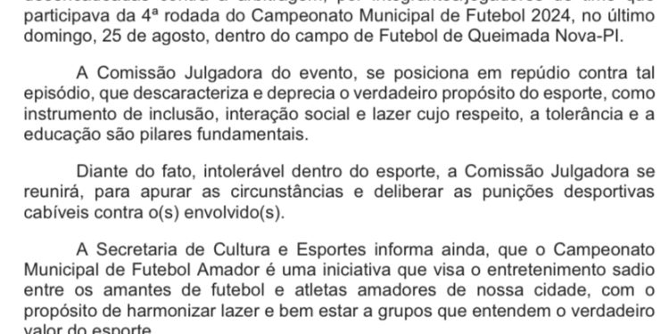 Nota de Repúdio: Tumulto Marca 4ª Rodada do Campeonato Municipal de Futebol Amador em Queimada Nova