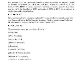 Sindicato dos Servidores Públicos Municipais de Paulistana-PI Convoca Eleições para Diretoria 2025/2029.