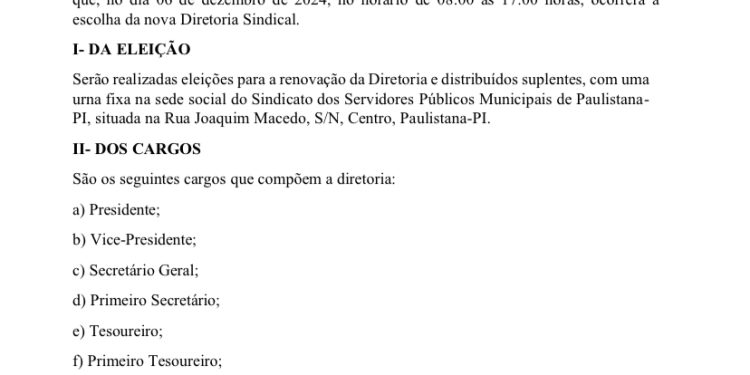 Sindicato dos Servidores Públicos Municipais de Paulistana-PI Convoca Eleições para Diretoria 2025/2029.