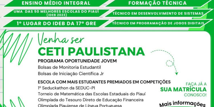 MATRÍCULAS ABERTAS PARA A REDE ESTADUAL DE ENSINO: MATRICULE-SE NO CETI PAULISTANA