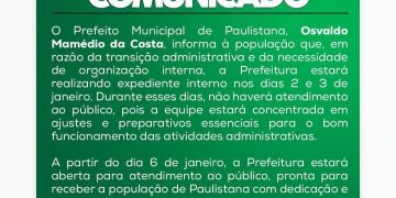 Comunicado oficial da Prefeitura de Paulistana: