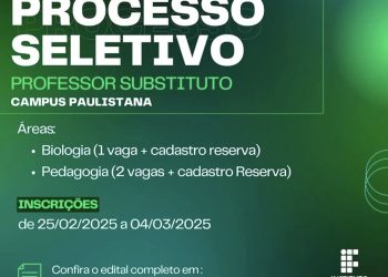 O Instituto Federal do Piauí (IFPI) – Campus Paulistana anunciou a abertura do Processo Seletivo para professor substituto nas áreas de Biologia e Pedagogia.