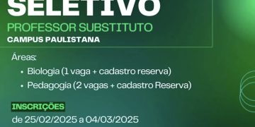 O Instituto Federal do Piauí (IFPI) – Campus Paulistana anunciou a abertura do Processo Seletivo para professor substituto nas áreas de Biologia e Pedagogia.