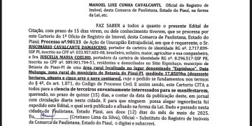 Edital de Citação: Ação de Usucapião Extrajudicial é Publicada em Paulistana-PI