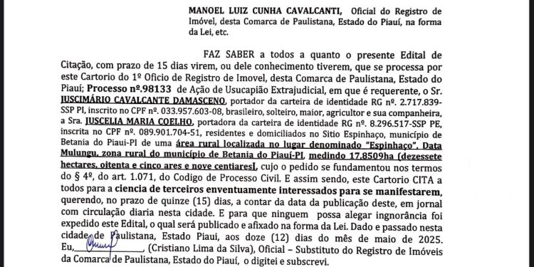 Edital de Citação: Ação de Usucapião Extrajudicial é Publicada em Paulistana-PI