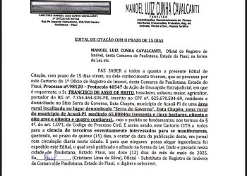 EDITAL DE CITAÇÃO: Ação de Usucapião Extrajudicial em Acauã-PI