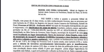 EDITAL DE CITAÇÃO: Ação de Usucapião Extrajudicial em Acauã-PI
