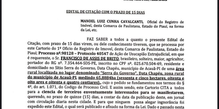 EDITAL DE CITAÇÃO: Ação de Usucapião Extrajudicial em Acauã-PI
