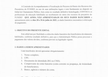 Prefeitura de Paulistana convoca beneficiários do precatório do FUNDEF para apresentação de dados bancários