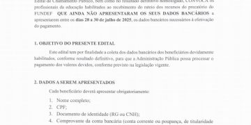 Prefeitura de Paulistana convoca beneficiários do precatório do FUNDEF para apresentação de dados bancários