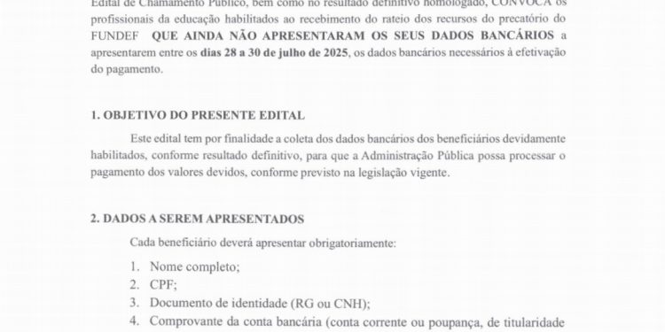 Prefeitura de Paulistana convoca beneficiários do precatório do FUNDEF para apresentação de dados bancários