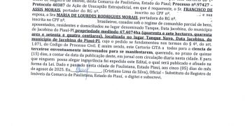 Ação de Usucapião: Justiça Cita Terceiros Interessados em Propriedade de 47,4074 Hectares em Jacobina do Piauí