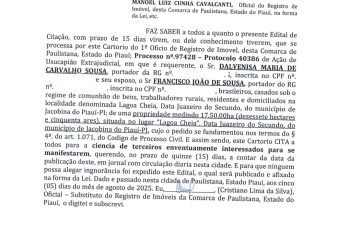 Justiça Cita Terceiros Interessados em Ação de Usucapião de Imóvel na Zona Rural de Jacobina do Piauí