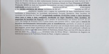 Edital de Citação – Ação de Usucapião Extrajudicial em Jacobina do Piauí