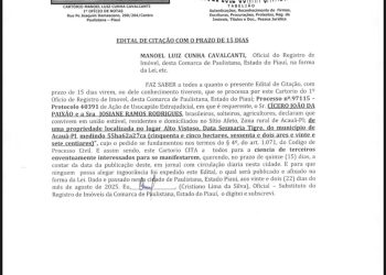 Cartório de Paulistana publica Edital de Citação com prazo de 15 dias referente a imóvel rural em Acauã-PI