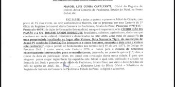Cartório de Paulistana publica Edital de Citação com prazo de 15 dias referente a imóvel rural em Acauã-PI