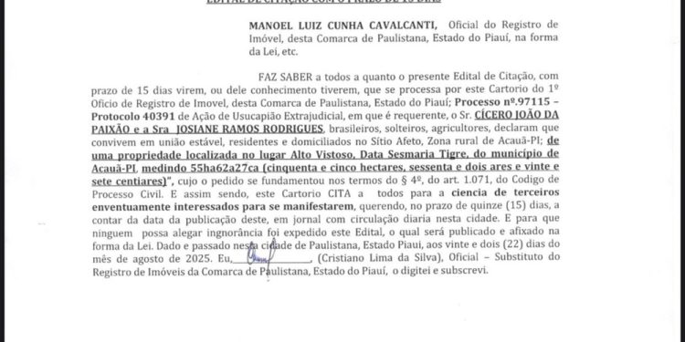 Cartório de Paulistana publica Edital de Citação com prazo de 15 dias referente a imóvel rural em Acauã-PI