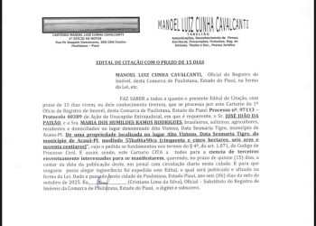 Cartório de Paulistana publica Edital de Citação com prazo de 15 dias referente a imóvel rural em Acauã-PI