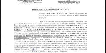 Cartório de Paulistana publica Edital de Citação com prazo de 15 dias referente a imóvel rural em Acauã-PI