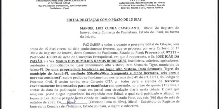 Cartório de Paulistana publica Edital de Citação com prazo de 15 dias referente a imóvel rural em Acauã-PI