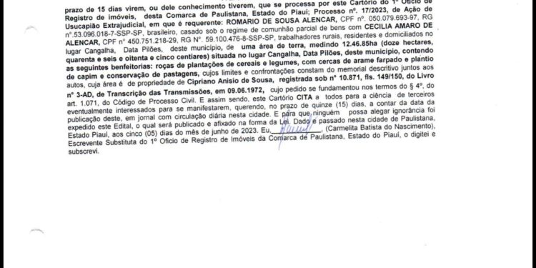 📄 Edital de Citação – Ação de Usucapião Extrajudicial é divulgado em Paulistana