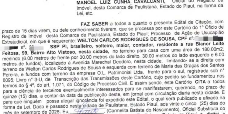 EDITAL DE CITAÇÃO É PUBLICADO EM PAULISTANA SOBRE PROCESSO DE USUCAPIÃO EXTRAJUDICIAL
